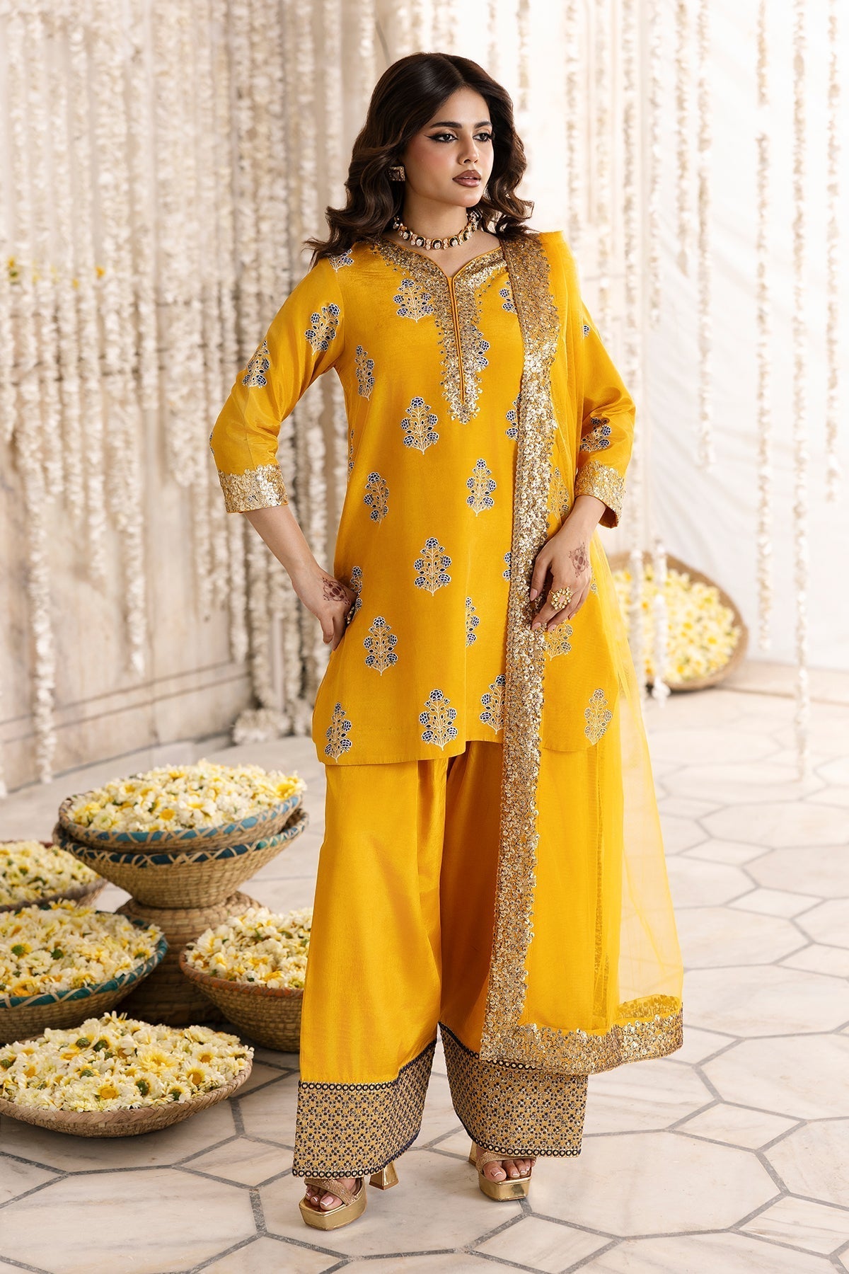 Charizma | Festive Pret | CMA-6-339-Brand:Charizma-Type:Ladies Clothes-Mustard Yellow-Raw Silk-House of Maryam- Buy in UK, USA