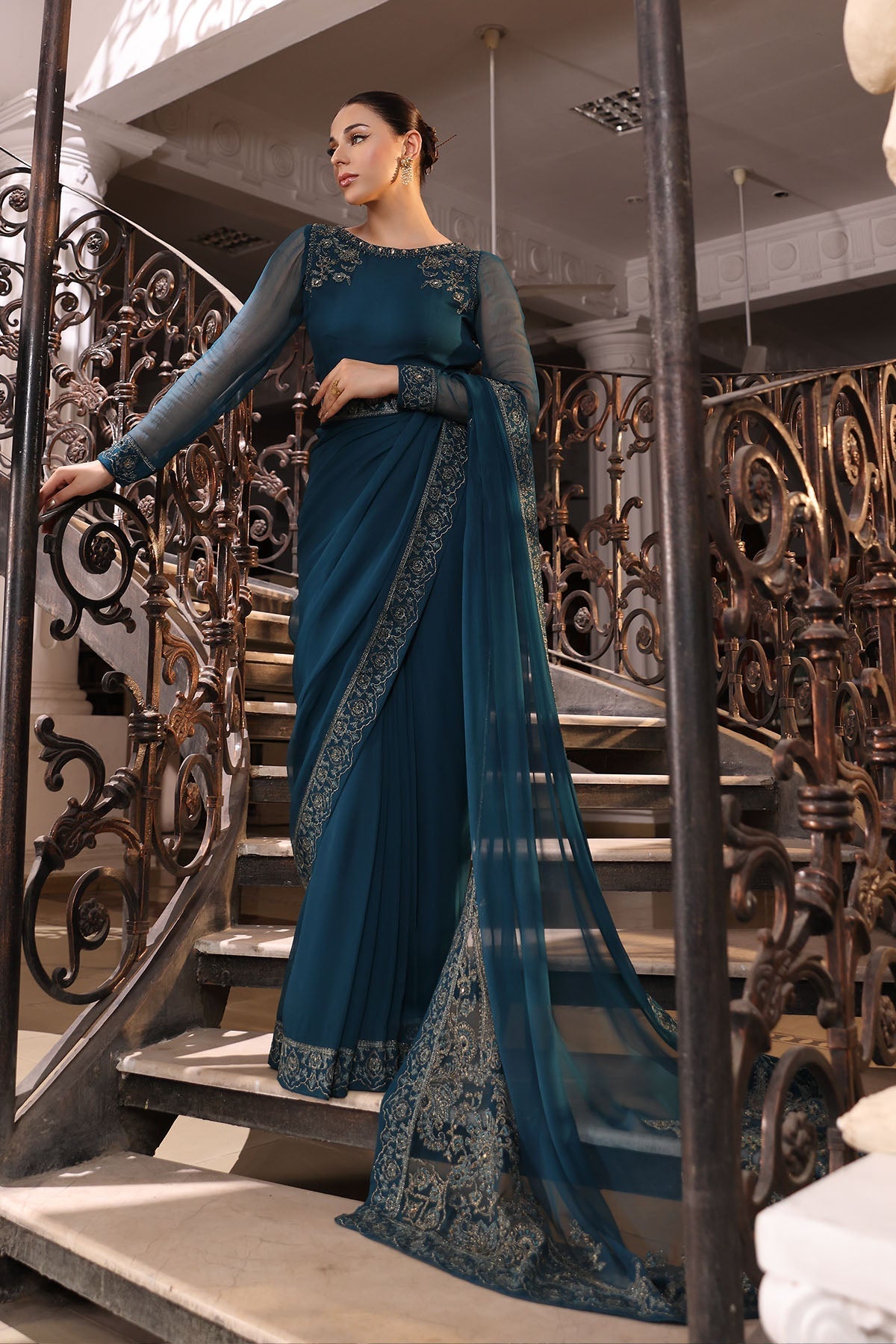 Chinyere | Formal Wedding Exclusive | (AW0007)-Brand:Chinyere-Type:Ladies Clothes-Teal Blue-Chiffon-House of Maryam- Buy in UK, USA