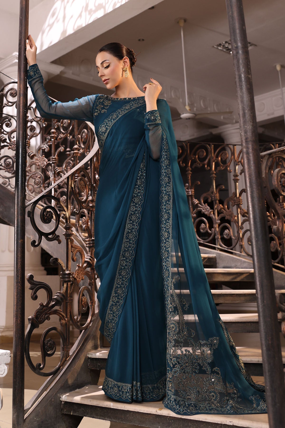 Chinyere | Formal Wedding Exclusive | (AW0007)-Brand:Chinyere-Type:Ladies Clothes-Teal Blue-Chiffon-House of Maryam- Buy in UK, USA