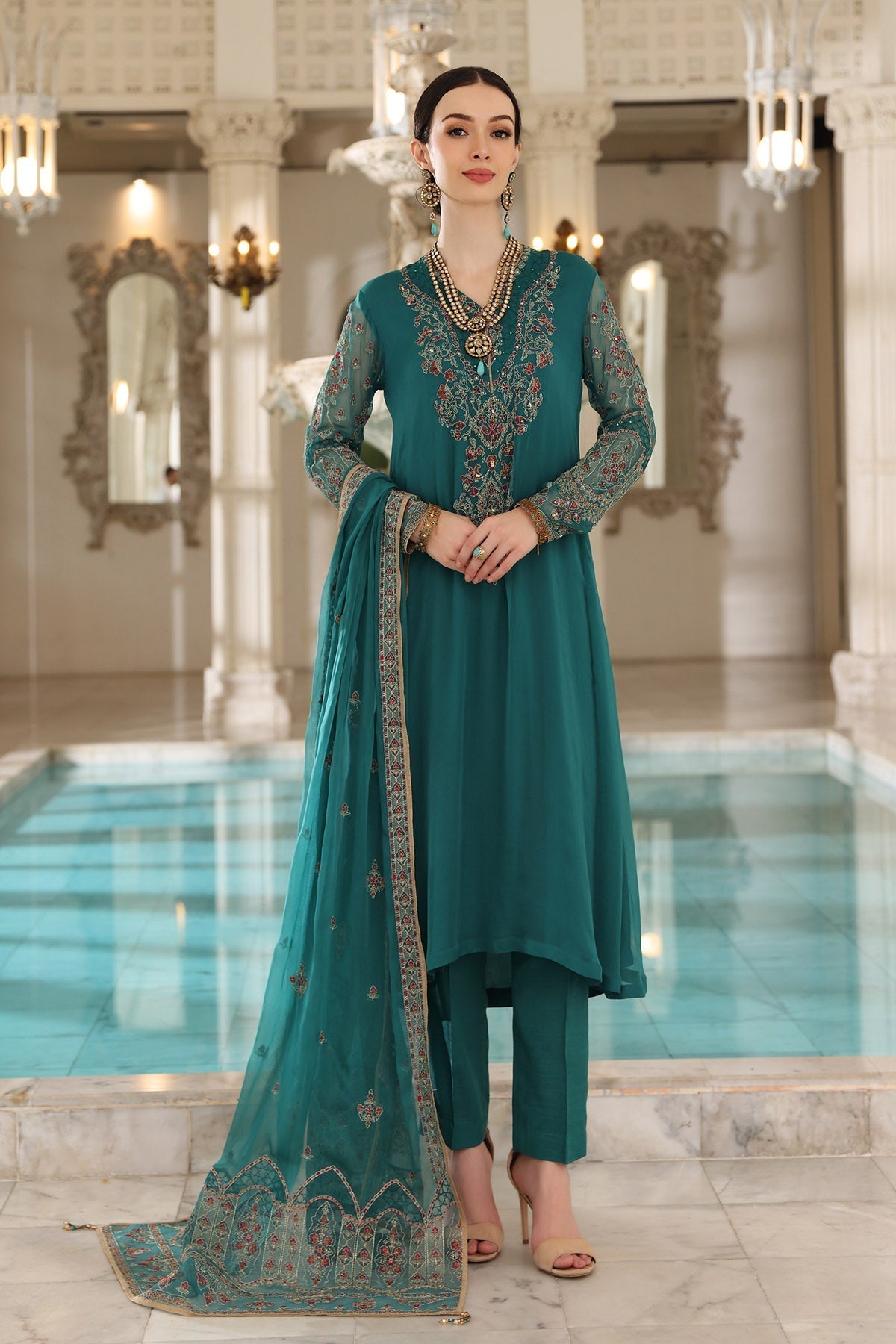 Chinyere | Formal Wedding Exclusive | Deep Sea (AA5393)-Brand:Chinyere-Type:Ladies Clothes-Sea Green-Chiffon-House of Maryam- Buy in UK, USA