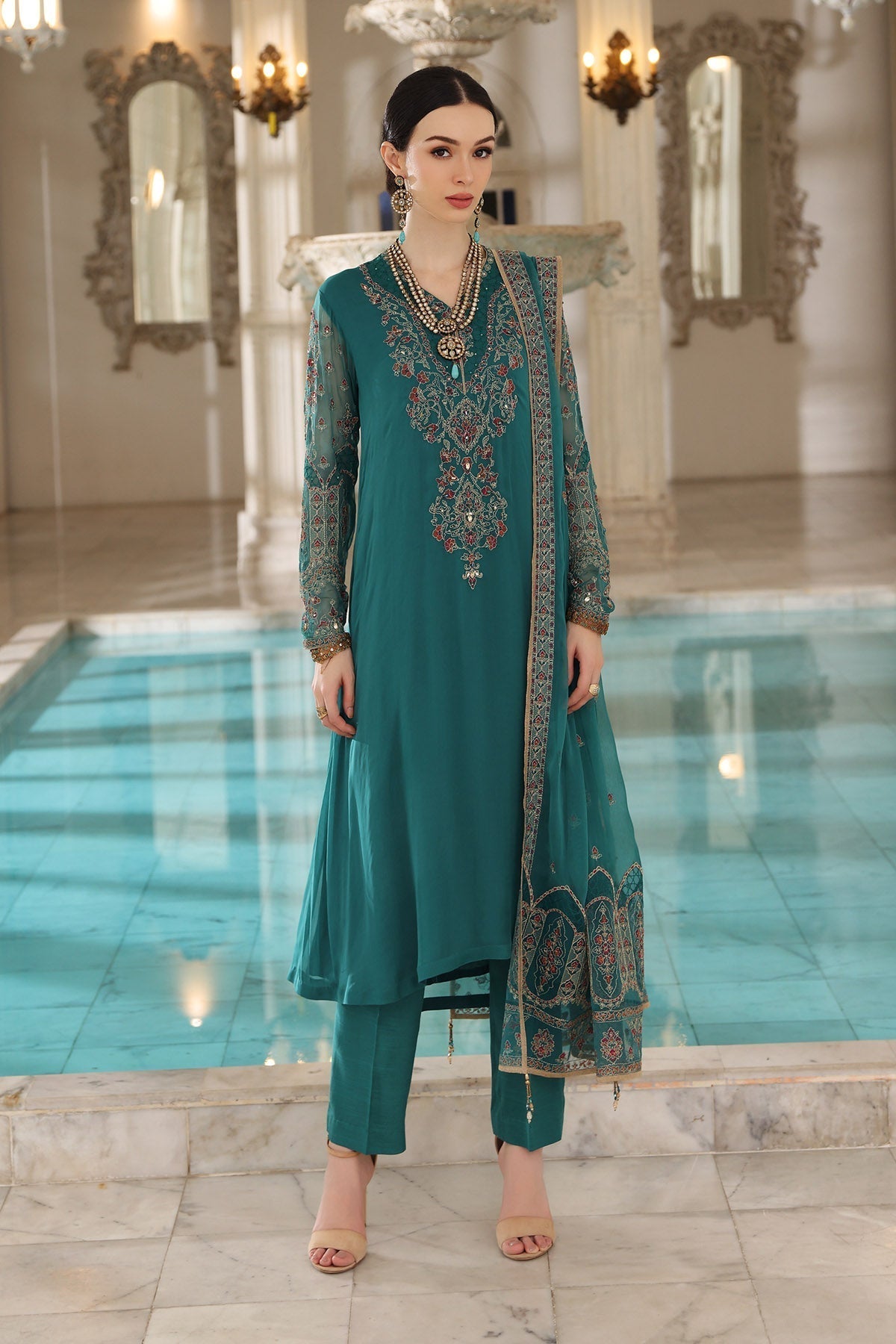 Chinyere | Formal Wedding Exclusive | Deep Sea (AA5393)-Brand:Chinyere-Type:Ladies Clothes-Sea Green-Chiffon-House of Maryam- Buy in UK, USA