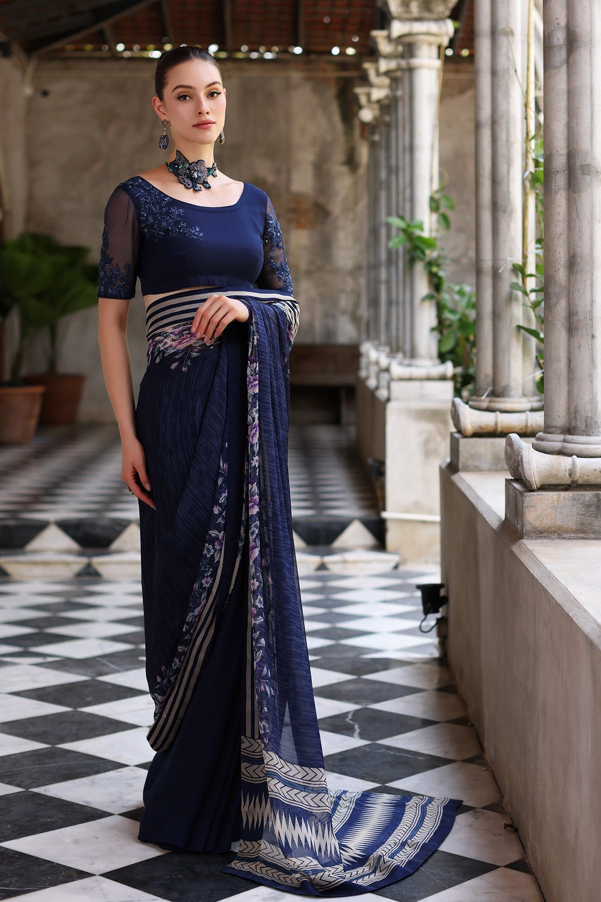 Chinyere | Formal Wedding Exclusive | DESERT ROSE S SARI (AA5355)-Brand:Chinyere-Type:Ladies Clothes-Blue-Chiffon-House of Maryam- Buy in UK, USA