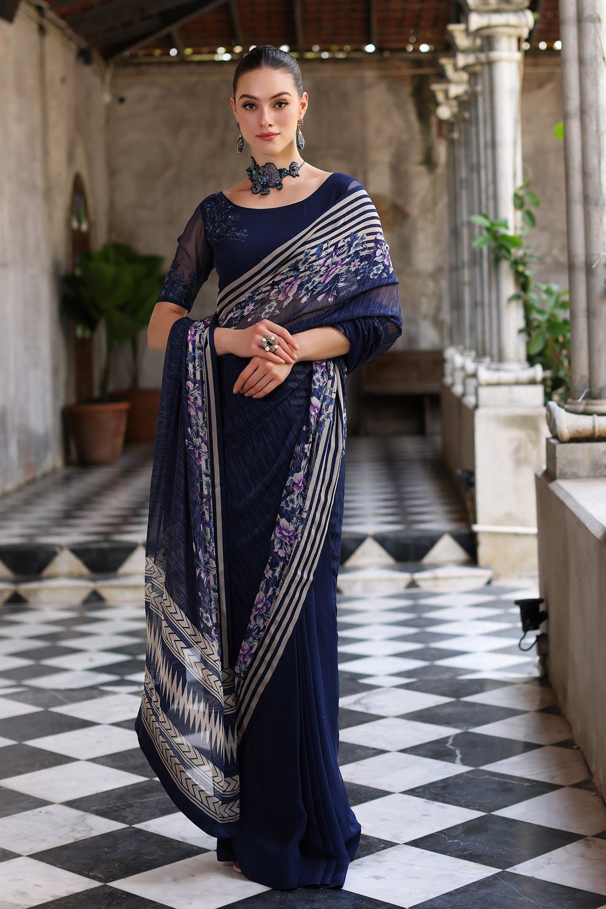 Chinyere | Formal Wedding Exclusive | DESERT ROSE S SARI (AA5355)-Brand:Chinyere-Type:Ladies Clothes-Blue-Chiffon-House of Maryam- Buy in UK, USA