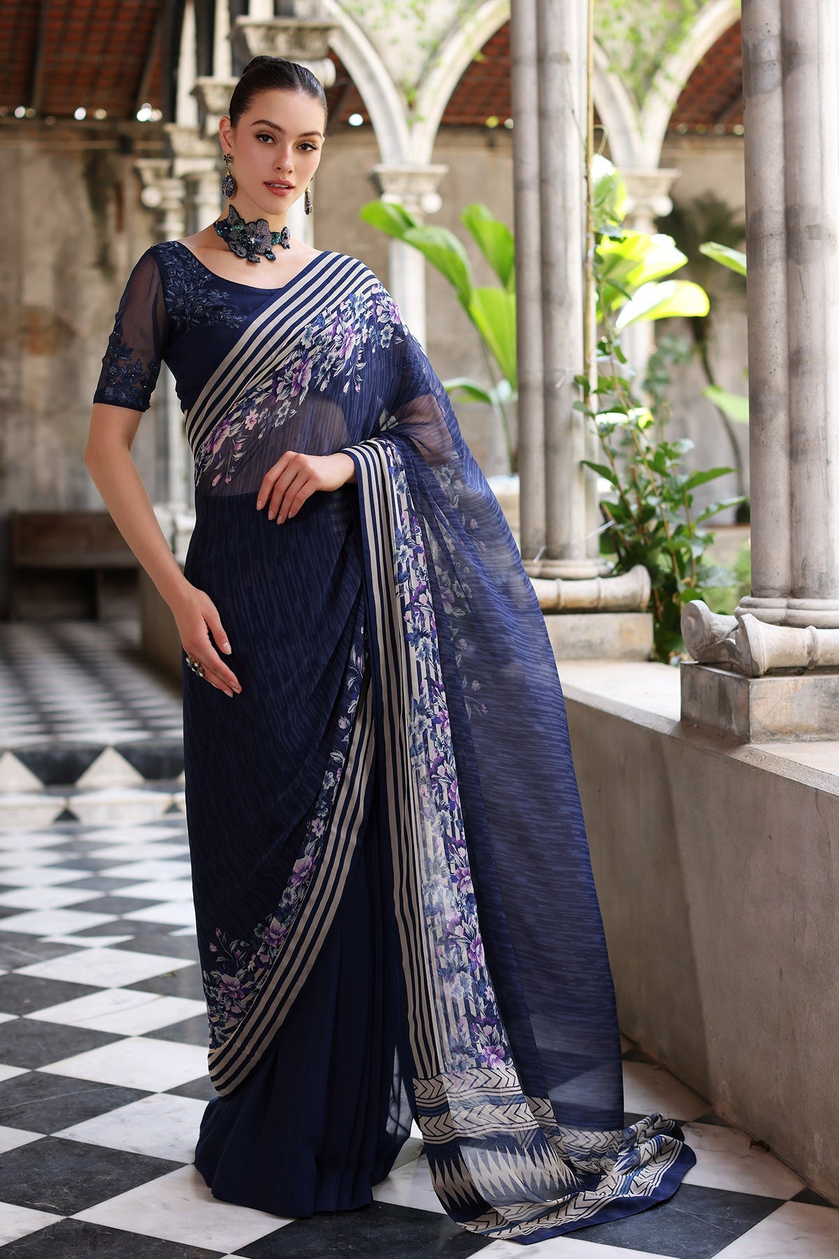 Chinyere | Formal Wedding Exclusive | DESERT ROSE S SARI (AA5355)-Brand:Chinyere-Type:Ladies Clothes-Blue-Chiffon-House of Maryam- Buy in UK, USA