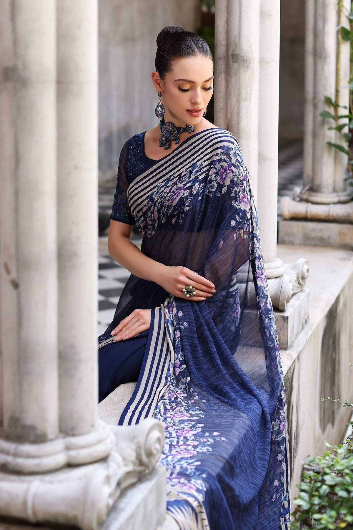 Chinyere | Formal Wedding Exclusive | DESERT ROSE S SARI (AA5355)-Brand:Chinyere-Type:Ladies Clothes-Blue-Chiffon-House of Maryam- Buy in UK, USA