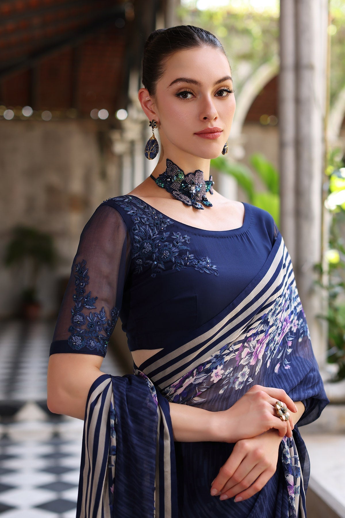 Chinyere | Formal Wedding Exclusive | DESERT ROSE S SARI (AA5355)-Brand:Chinyere-Type:Ladies Clothes-Blue-Chiffon-House of Maryam- Buy in UK, USA