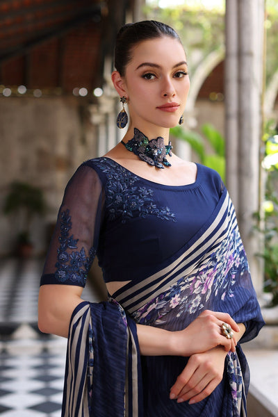 Chinyere | Formal Wedding Exclusive | DESERT ROSE S SARI (AA5355)-Brand:Chinyere-Type:Ladies Clothes-Blue-Chiffon-House of Maryam- Buy in UK, USA