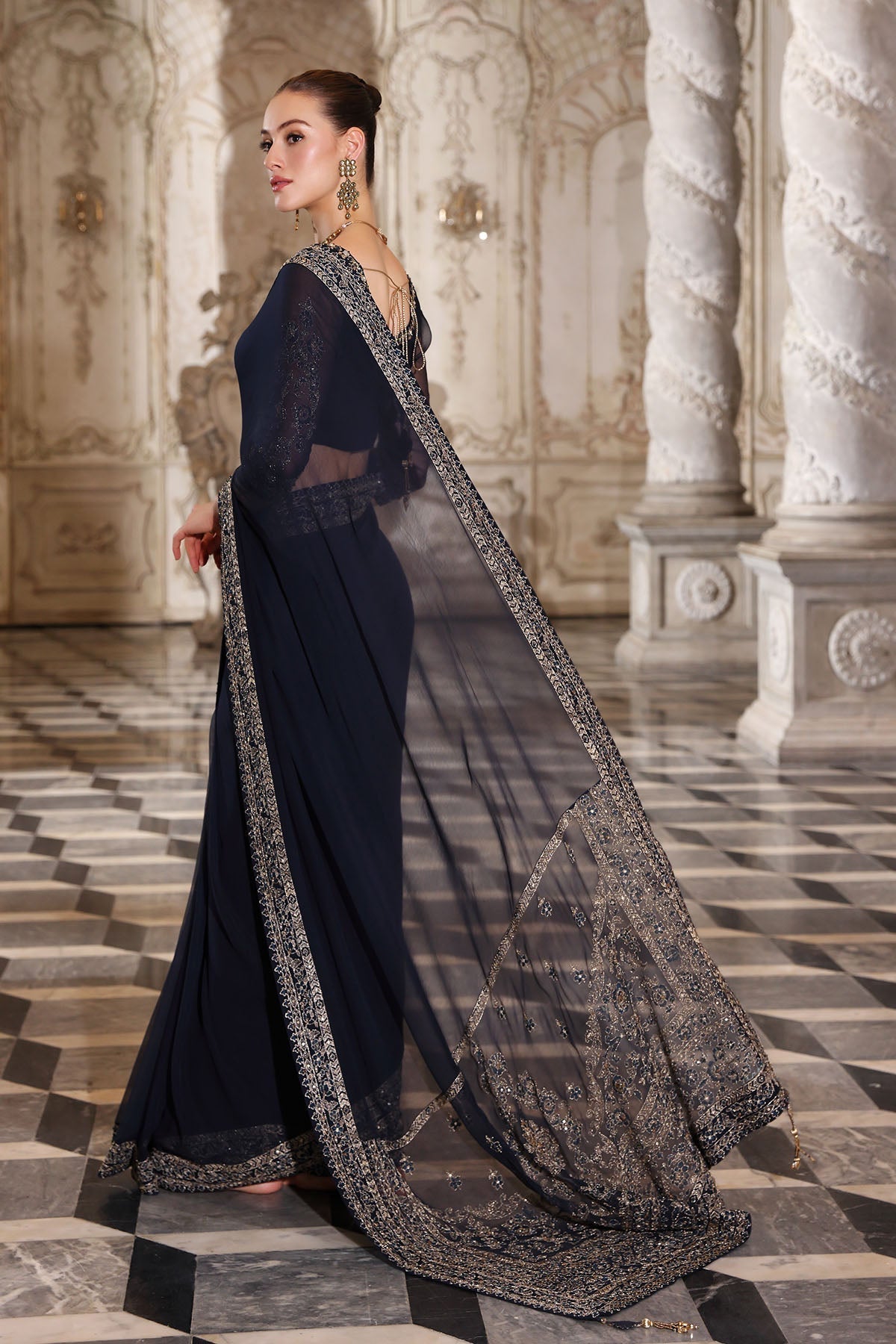 Chinyere | Formal Wedding Exclusive | ROYAL PEACE S SARI (AA5338)-Brand:Chinyere-Type:Ladies Clothes-Dark Blue-Chiffon-House of Maryam- Buy in UK, USA