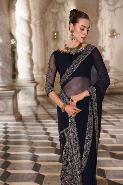 Chinyere | Formal Wedding Exclusive | ROYAL PEACE S SARI (AA5338)-Brand:Chinyere-Type:Ladies Clothes-Dark Blue-Chiffon-House of Maryam- Buy in UK, USA