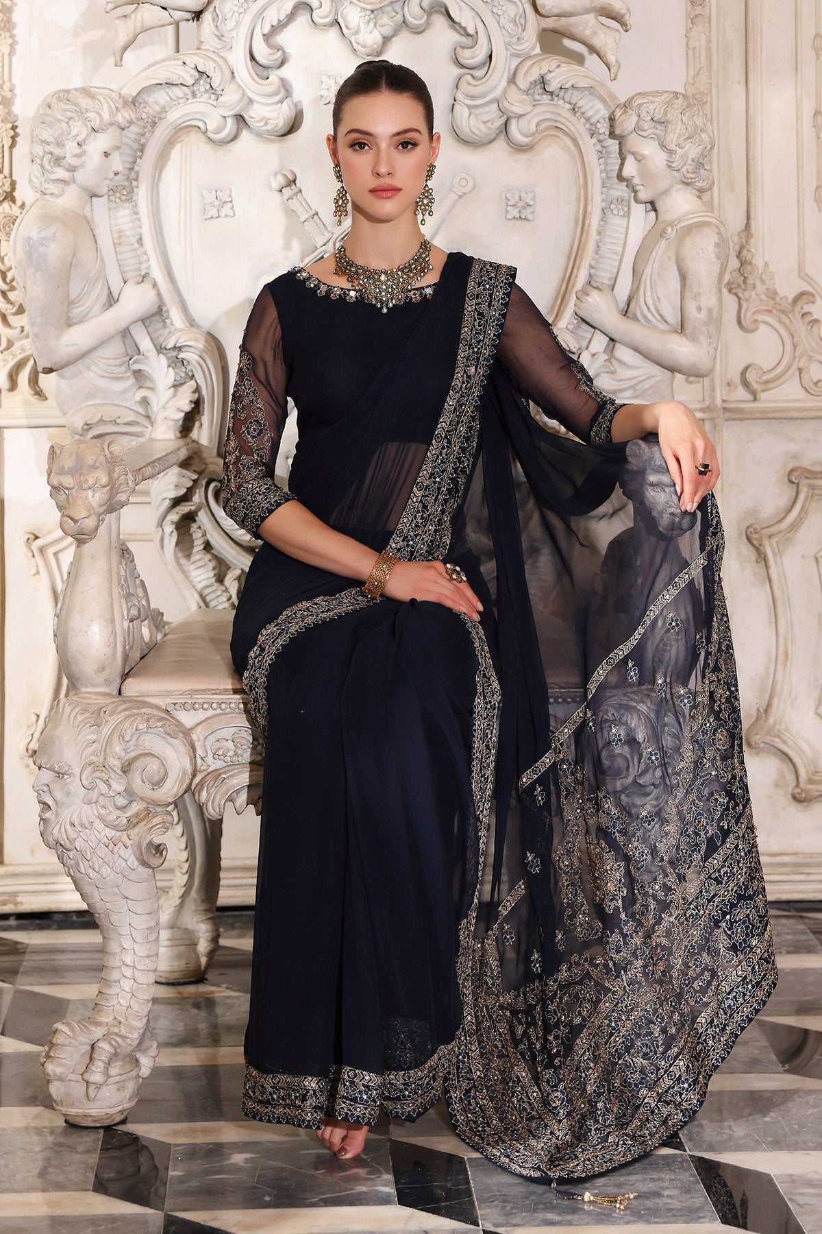 Chinyere | Formal Wedding Exclusive | ROYAL PEACE S SARI (AA5338)-Brand:Chinyere-Type:Ladies Clothes-Dark Blue-Chiffon-House of Maryam- Buy in UK, USA