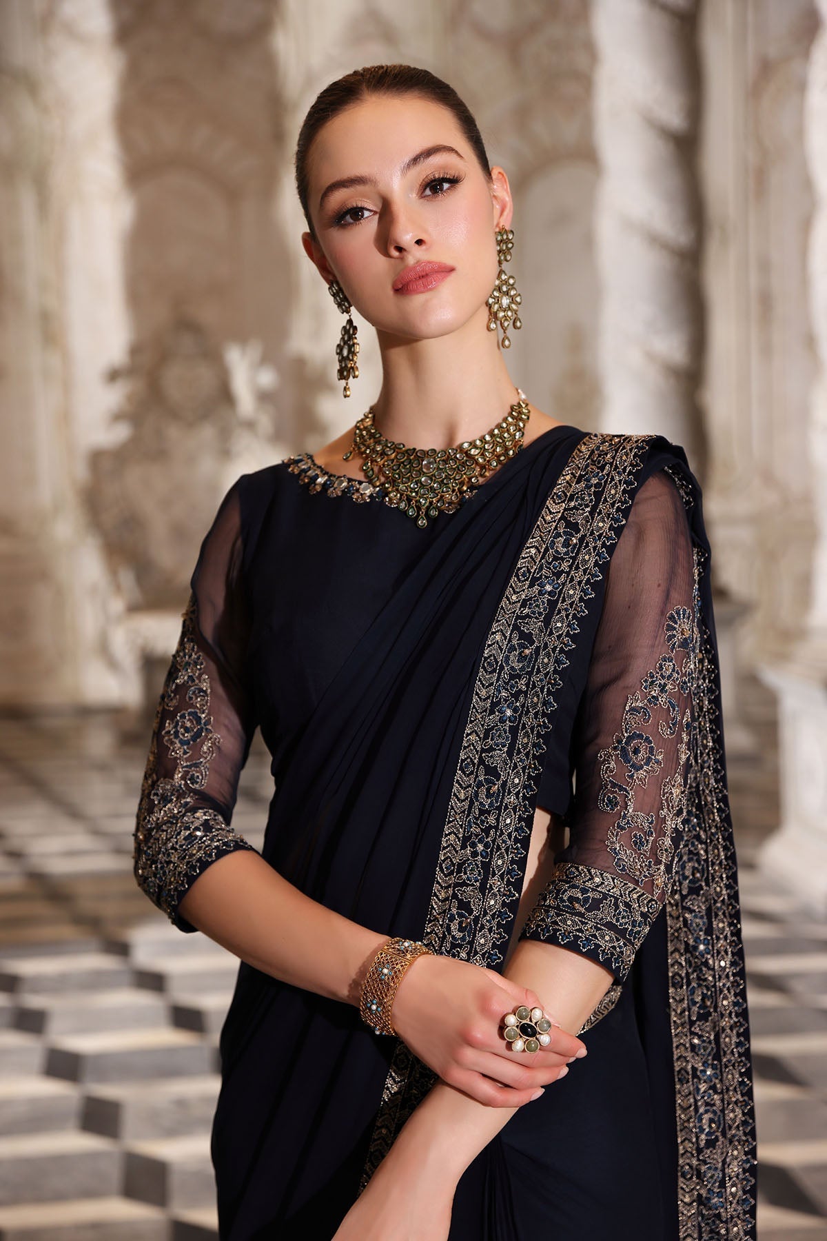 Chinyere | Formal Wedding Exclusive | ROYAL PEACE S SARI (AA5338)-Brand:Chinyere-Type:Ladies Clothes-Dark Blue-Chiffon-House of Maryam- Buy in UK, USA