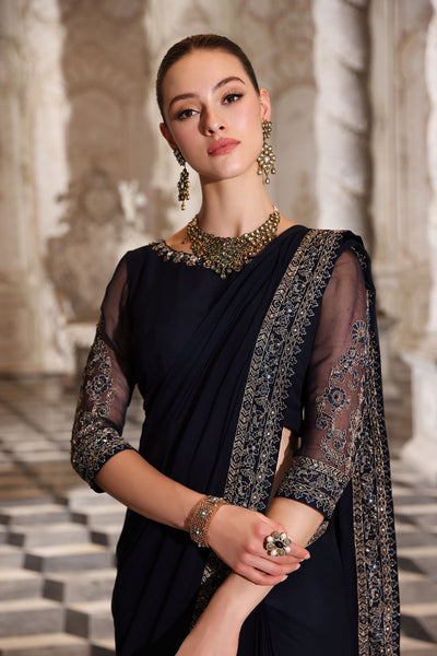 Chinyere | Formal Wedding Exclusive | ROYAL PEACE S SARI (AA5338)-Brand:Chinyere-Type:Ladies Clothes-Dark Blue-Chiffon-House of Maryam- Buy in UK, USA