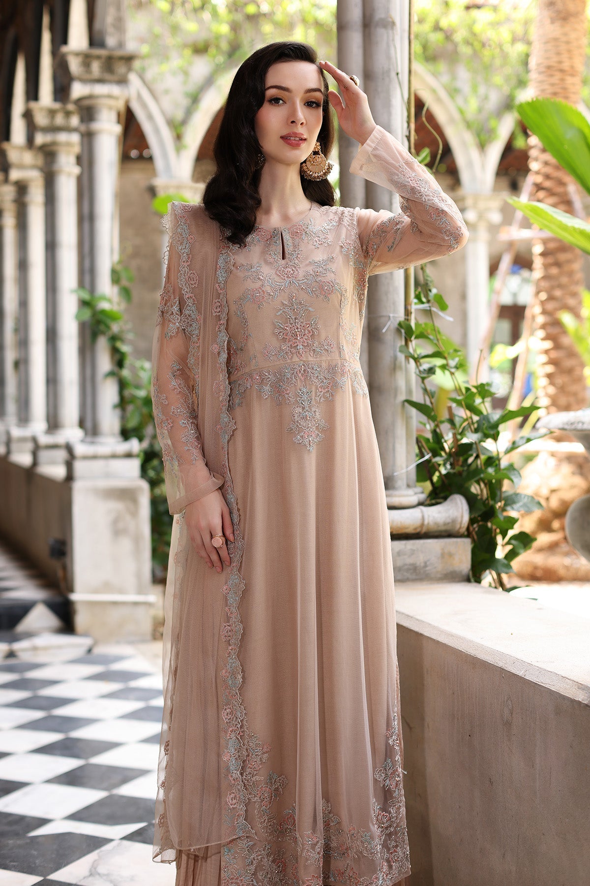 Chinyere | Formal Wedding Exclusive | SEA SHELL K (AA5354)-Brand:Chinyere-Type:Ladies Clothes-Beige-Net-House of Maryam- Buy in UK, USA