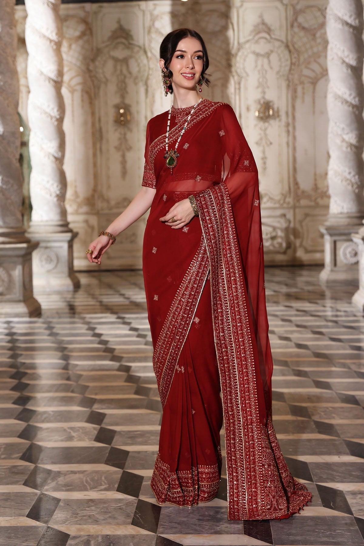 Chinyere | Formal Wedding Exclusive | SOHA B SARI (AA5343)-Brand:Chinyere-Type:Ladies Clothes-Red-Chiffon-House of Maryam- Buy in UK, USA