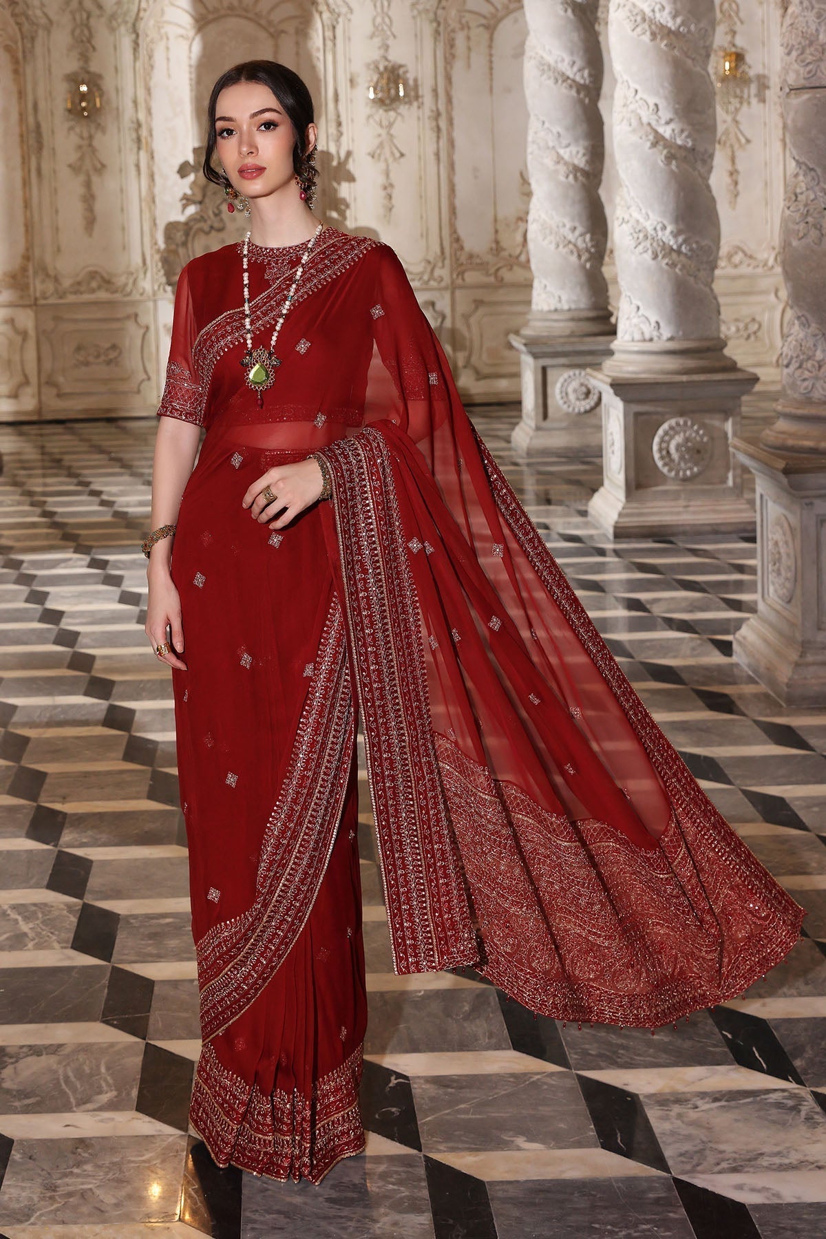Chinyere | Formal Wedding Exclusive | SOHA B SARI (AA5343)-Brand:Chinyere-Type:Ladies Clothes-Red-Chiffon-House of Maryam- Buy in UK, USA