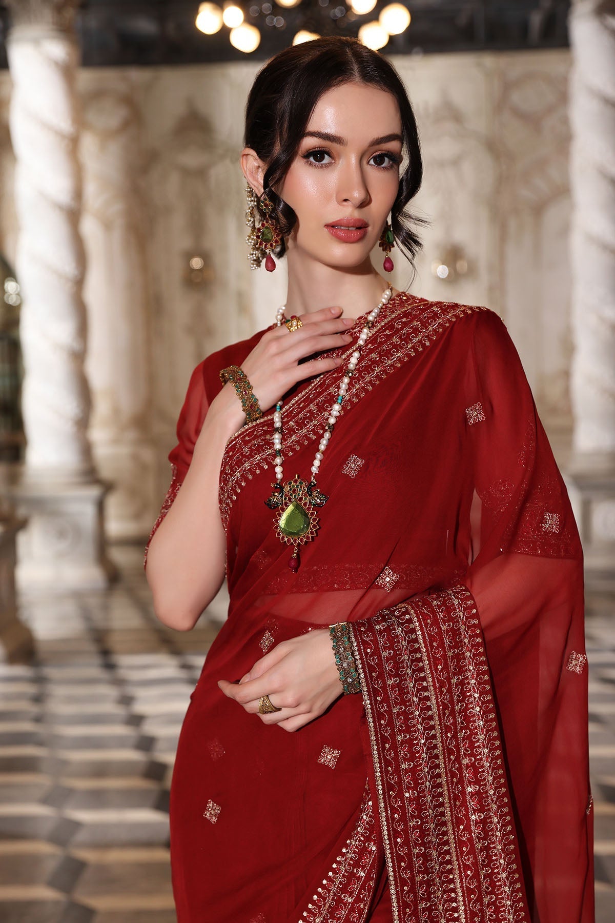 Chinyere | Formal Wedding Exclusive | SOHA B SARI (AA5343)-Brand:Chinyere-Type:Ladies Clothes-Red-Chiffon-House of Maryam- Buy in UK, USA