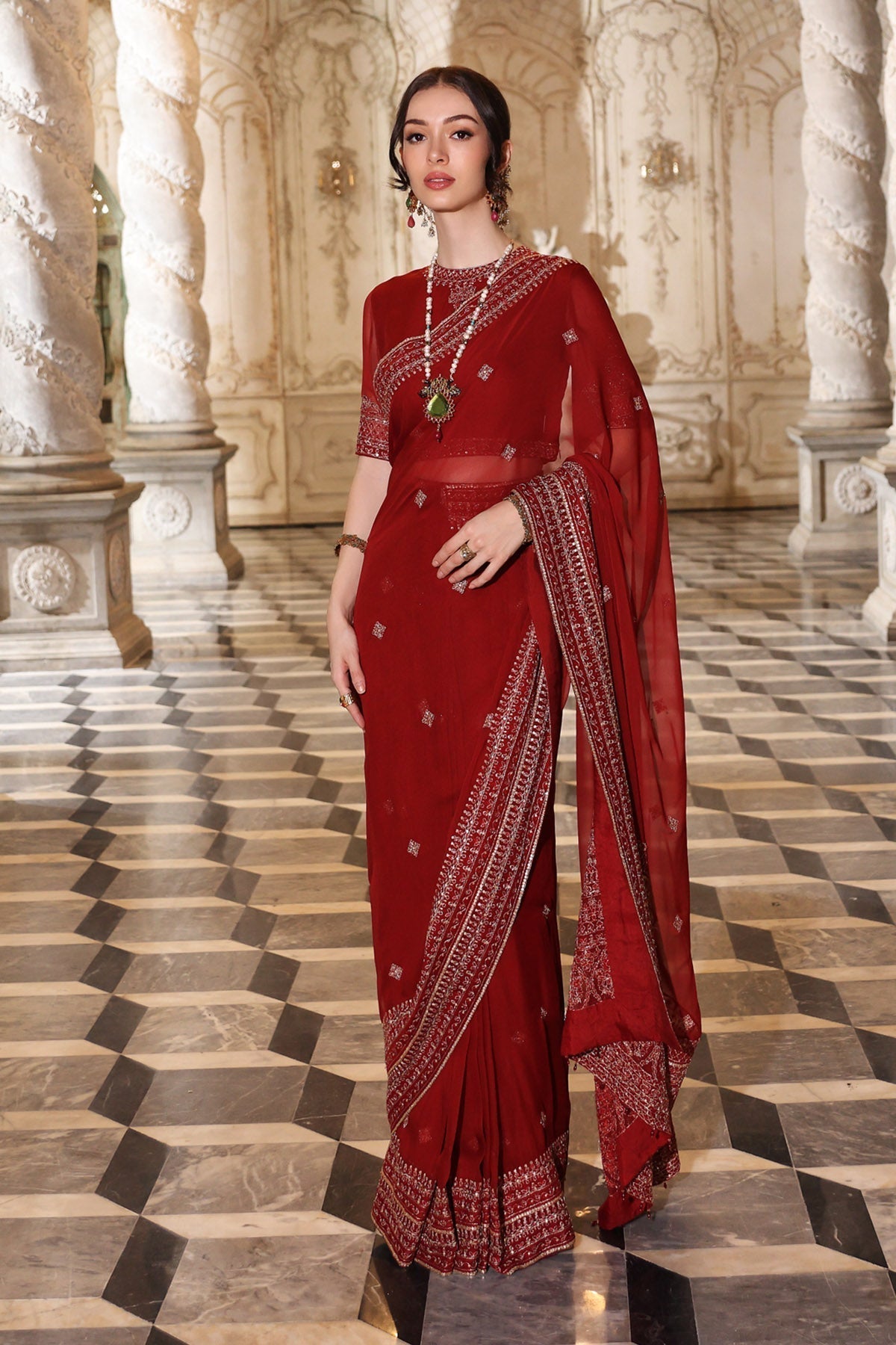 Chinyere | Formal Wedding Exclusive | SOHA B SARI (AA5343)-Brand:Chinyere-Type:Ladies Clothes-Red-Chiffon-House of Maryam- Buy in UK, USA