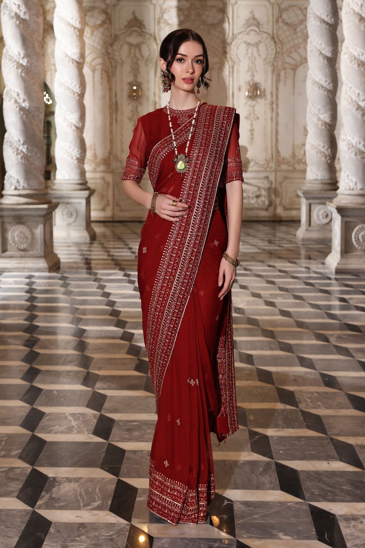 Chinyere | Formal Wedding Exclusive | SOHA B SARI (AA5343)-Brand:Chinyere-Type:Ladies Clothes-Red-Chiffon-House of Maryam- Buy in UK, USA