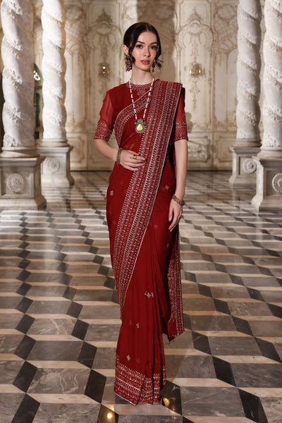 Chinyere | Formal Wedding Exclusive | SOHA B SARI (AA5343)-Brand:Chinyere-Type:Ladies Clothes-Red-Chiffon-House of Maryam- Buy in UK, USA