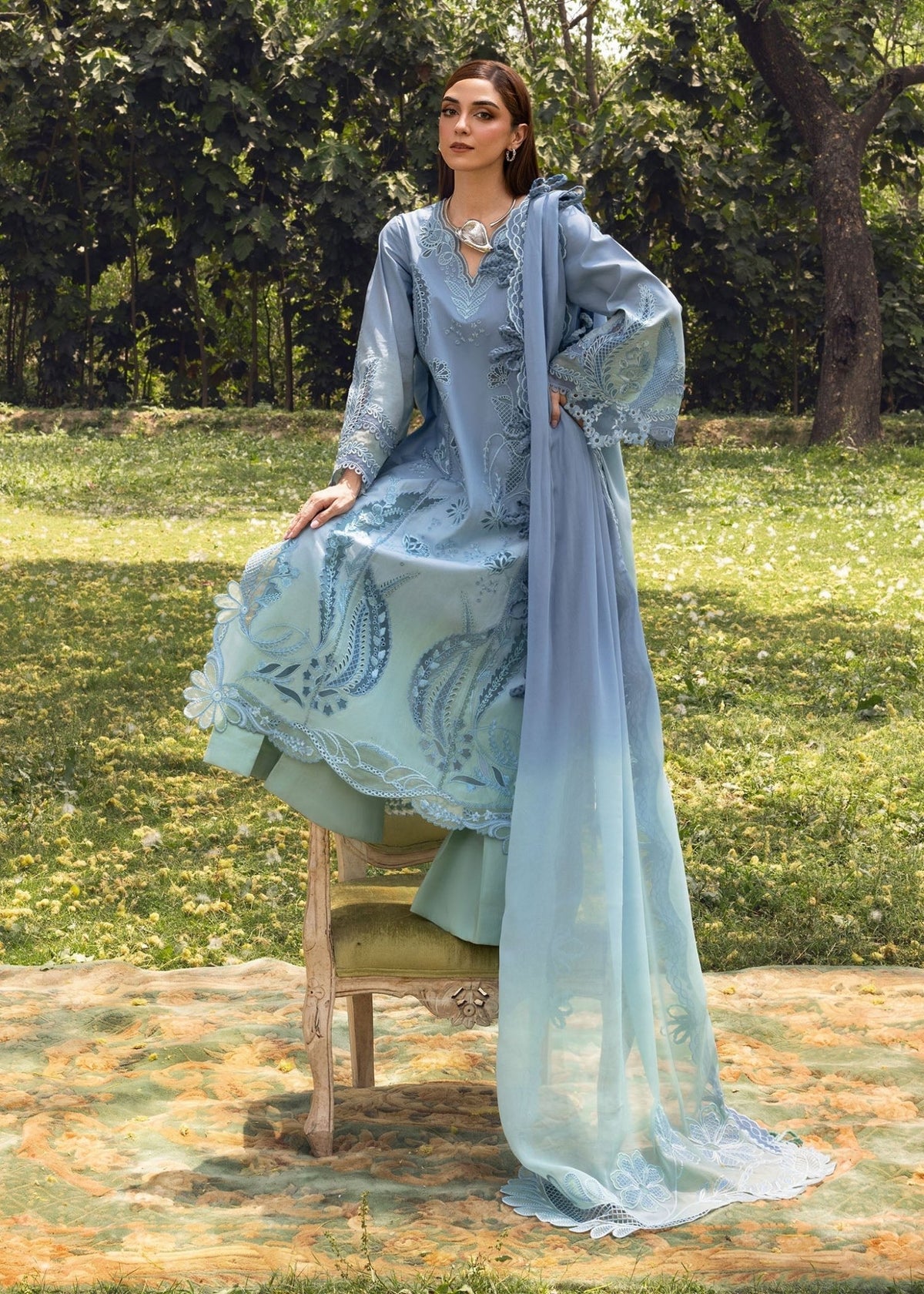 Crimson | Tasawar 25 | ALL THINGS OMBRE - D1 A-Brand:Crimson-Type:Ladies Clothes-Blue Gray-Organza-House of Maryam- Buy in UK, USA