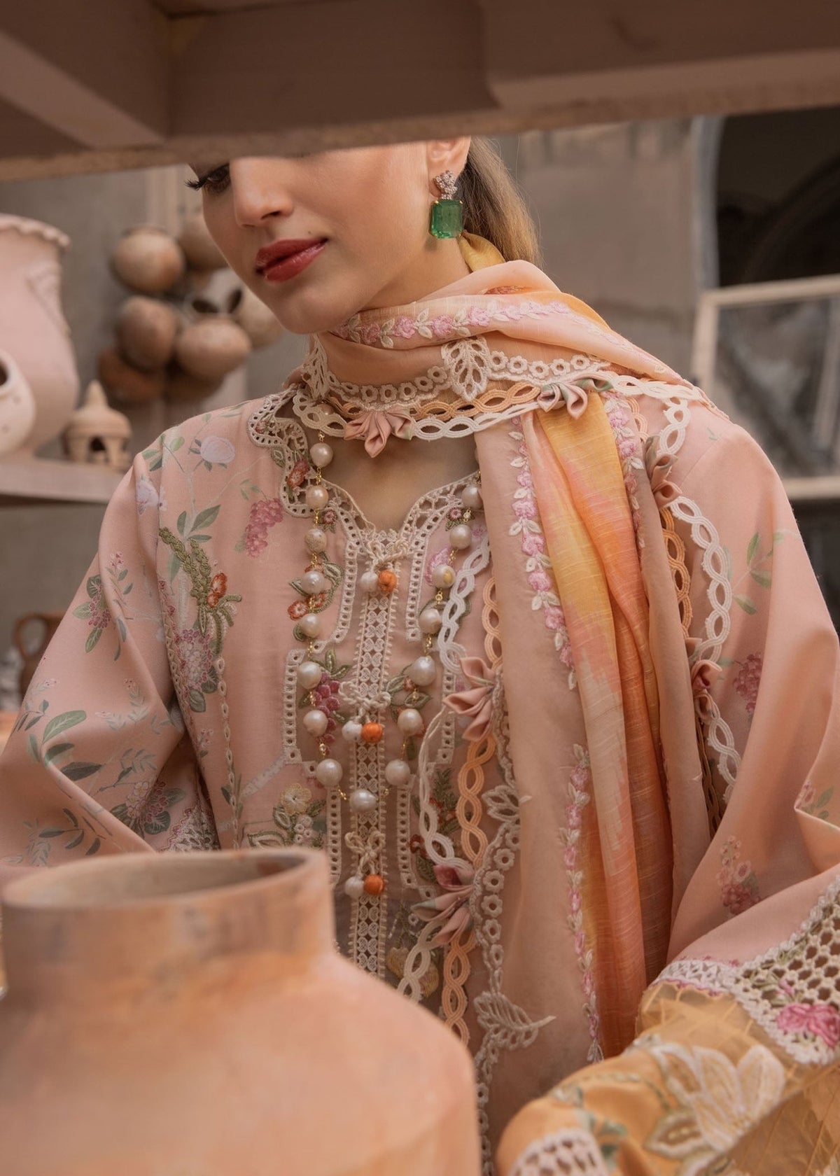 Crimson | Tasawar 25 | BONJOUR AND BLOOM - D4B-Brand:Crimson-Type:Ladies Clothes-Peach Pink-Organza-House of Maryam- Buy in UK, USA