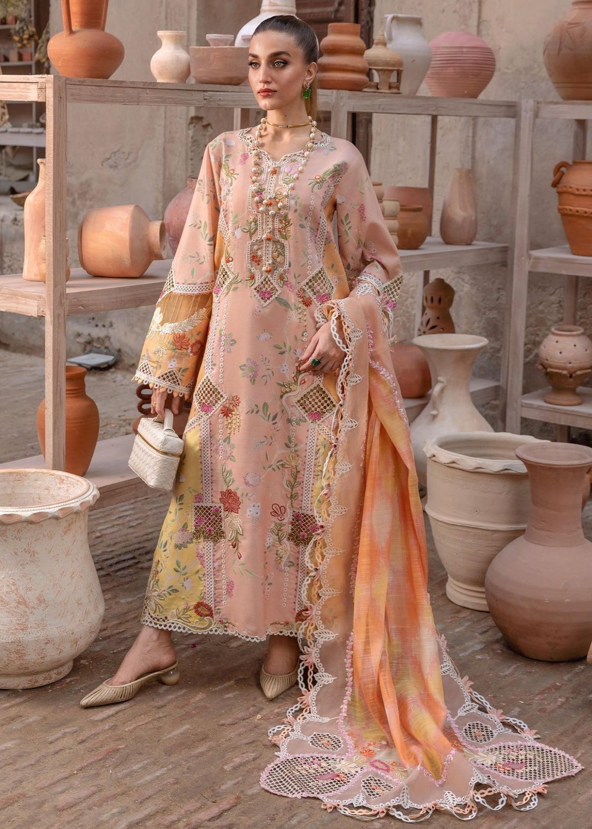 Crimson | Tasawar 25 | BONJOUR AND BLOOM - D4B-Brand:Crimson-Type:Ladies Clothes-Peach Pink-Organza-House of Maryam- Buy in UK, USA