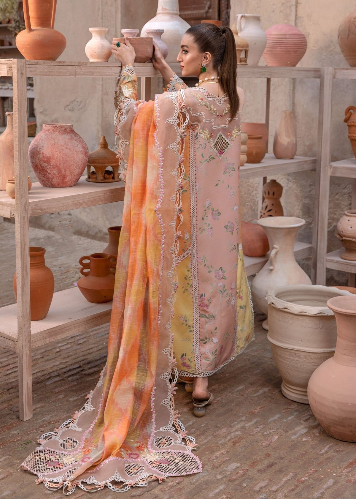 Crimson | Tasawar 25 | BONJOUR AND BLOOM - D4B-Brand:Crimson-Type:Ladies Clothes-Peach Pink-Organza-House of Maryam- Buy in UK, USA
