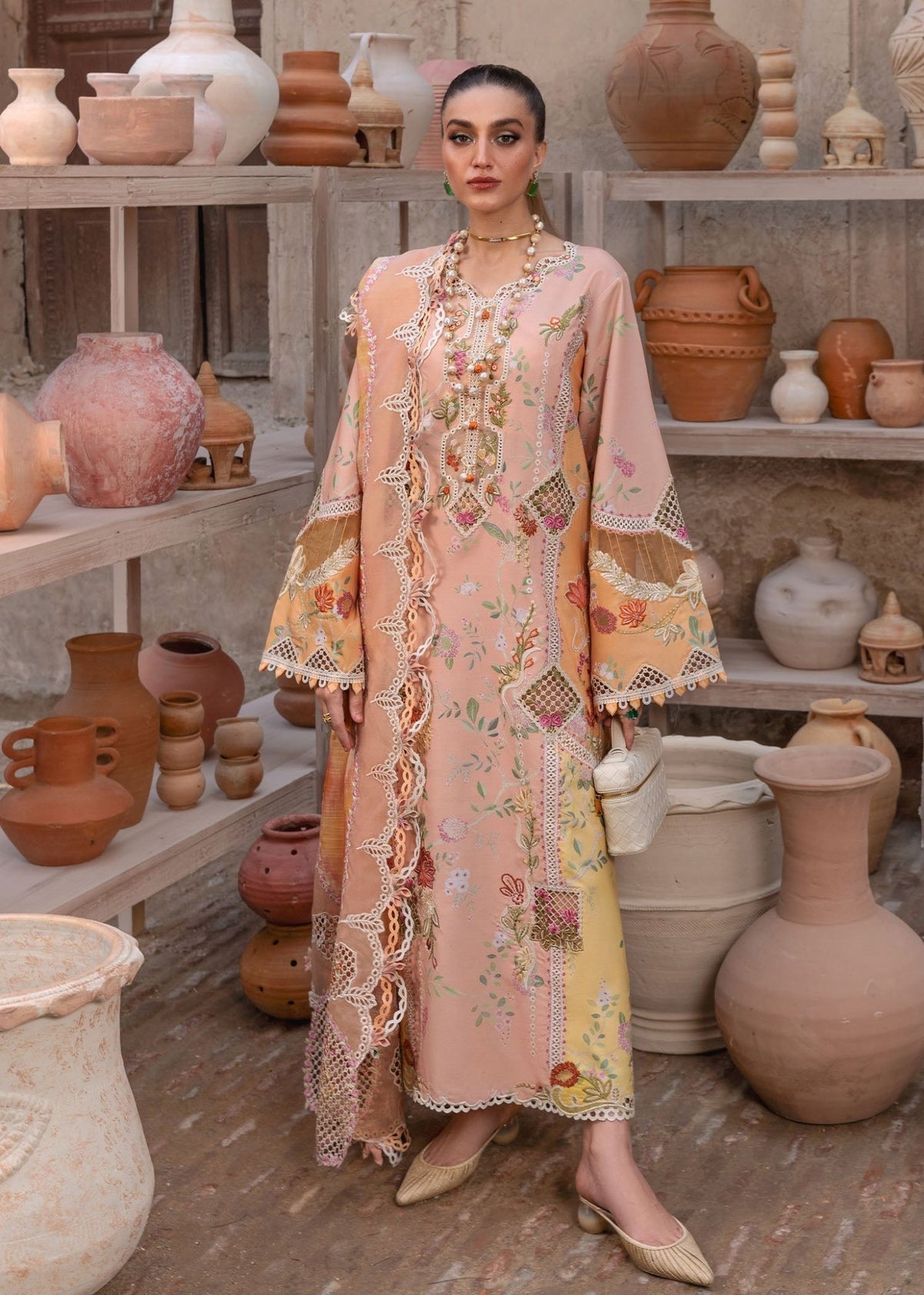 Crimson | Tasawar 25 | BONJOUR AND BLOOM - D4B-Brand:Crimson-Type:Ladies Clothes-Peach Pink-Organza-House of Maryam- Buy in UK, USA