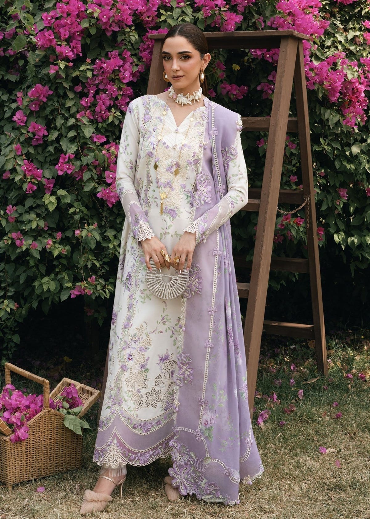 Crimson | Tasawar 25 | LAVENDER FALL - D5B-Brand:Crimson-Type:Ladies Clothes-White-Organza-House of Maryam- Buy in UK, USA
