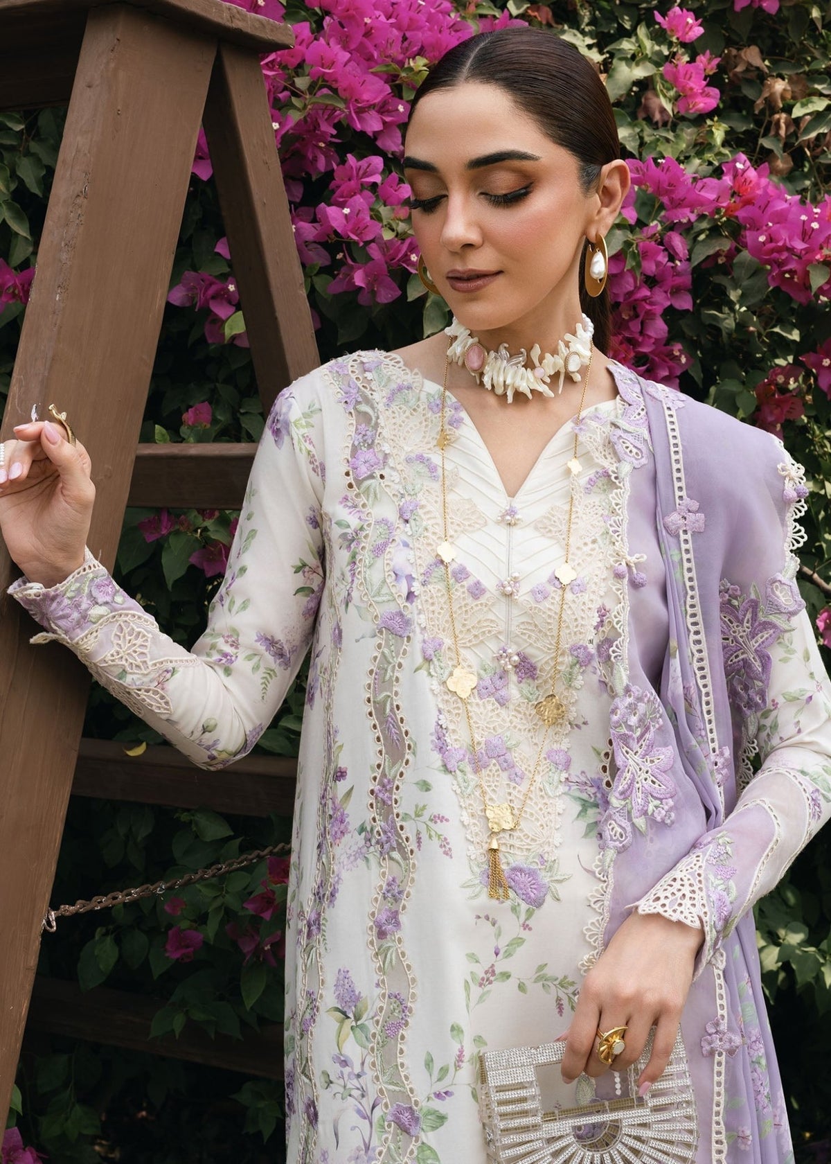 Crimson | Tasawar 25 | LAVENDER FALL - D5B-Brand:Crimson-Type:Ladies Clothes-White-Organza-House of Maryam- Buy in UK, USA