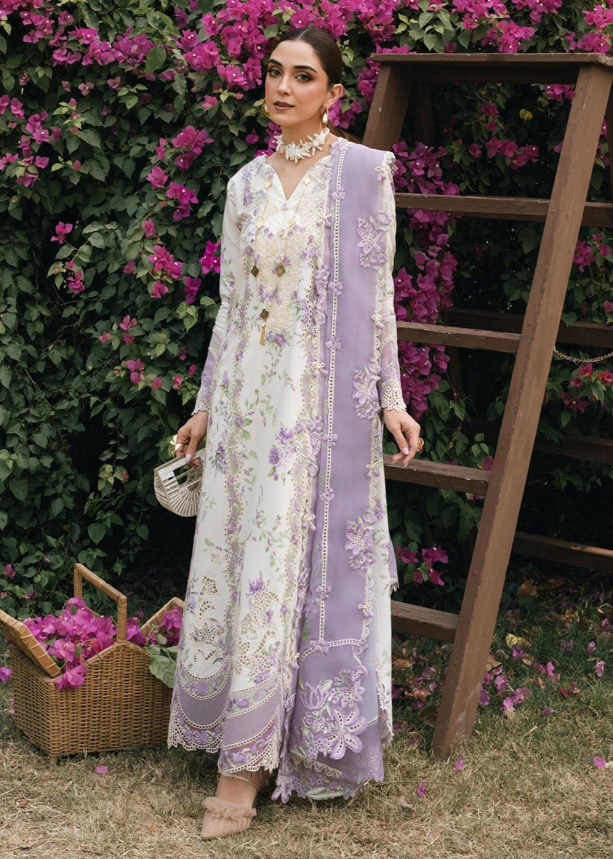 Crimson | Tasawar 25 | LAVENDER FALL - D5B-Brand:Crimson-Type:Ladies Clothes-White-Organza-House of Maryam- Buy in UK, USA