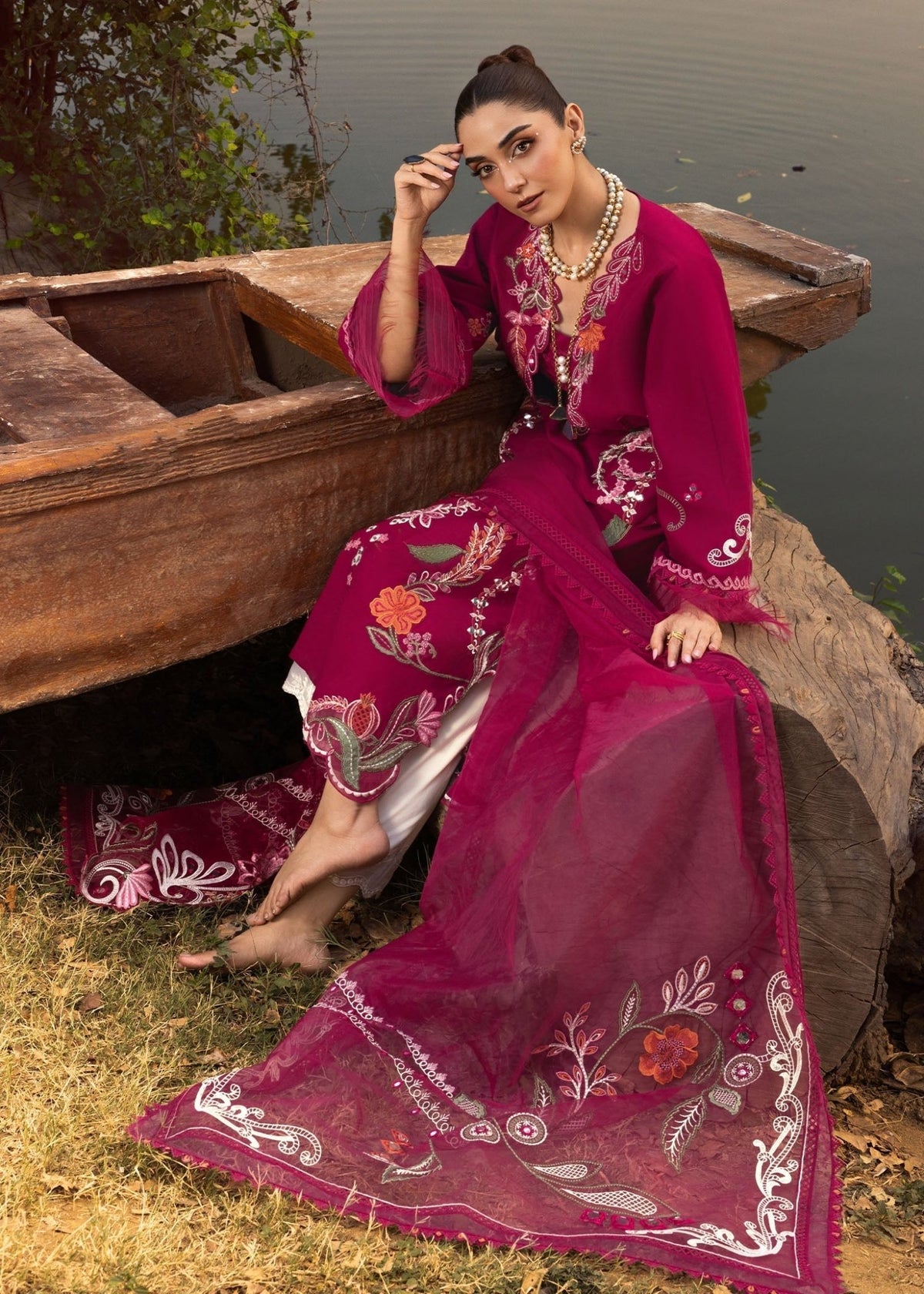 Crimson | Tasawar 25 | MIRROR GARDEN - D3A-Brand:Crimson-Type:Ladies Clothes-Berry-Organza-House of Maryam- Buy in UK, USA
