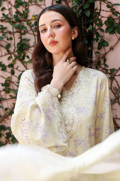 Cross Stitch | Eid Lawn Edit 26 | ORCHID FLARE-Brand:Cross Stitch-Type:Ladies Clothes-Pastel Yellow-Lawn-House of Maryam- Buy in UK, USA