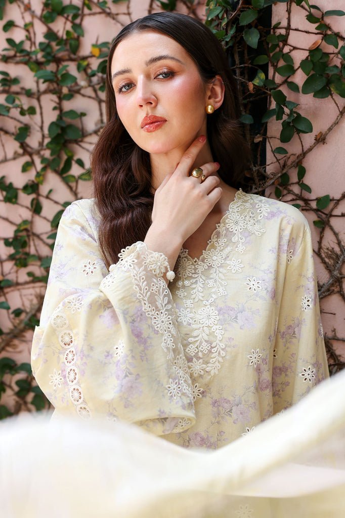 Cross Stitch | Eid Lawn Edit 26 | ORCHID FLARE-Brand:Cross Stitch-Type:Ladies Clothes-Pastel Yellow-Lawn-House of Maryam- Buy in UK, USA