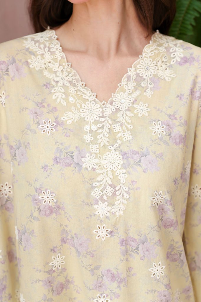 Cross Stitch | Eid Lawn Edit 26 | ORCHID FLARE-Brand:Cross Stitch-Type:Ladies Clothes-Pastel Yellow-Lawn-House of Maryam- Buy in UK, USA