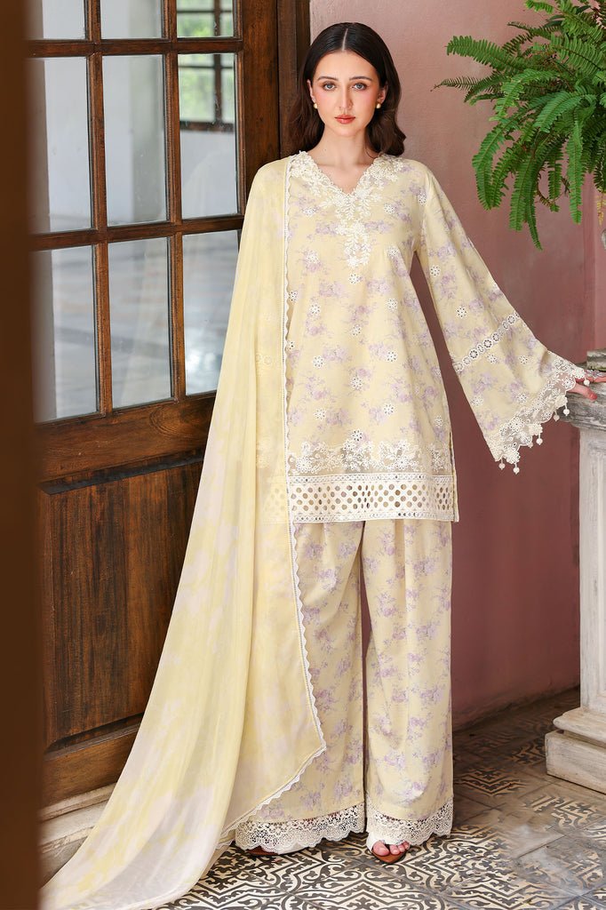 Cross Stitch | Eid Lawn Edit 26 | ORCHID FLARE-Brand:Cross Stitch-Type:Ladies Clothes-Pastel Yellow-Lawn-House of Maryam- Buy in UK, USA