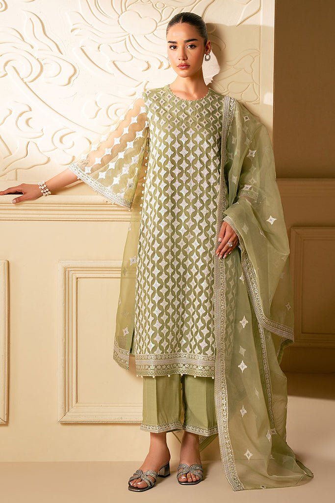 Cross Stitch | Luxe Atelier 25 | MINTED SAGE-Brand:Cross Stitch-Type:Ladies Clothes-Mint-Organza-House of Maryam- Buy in UK, USA