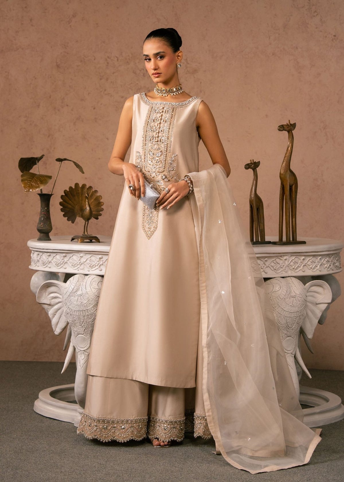 Dastoor | Amelia Luxury Pret 26 | Anaya-Brand:Dastoor-Type:Ladies Clothes-Beige-Tissue Silk-House of Maryam- Buy in UK, USA