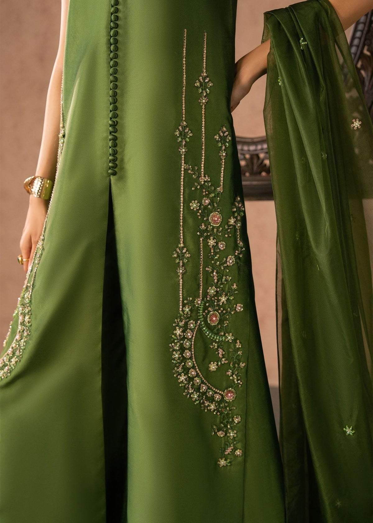 Dastoor | Amelia Luxury Pret 26 | Esma-Brand:Dastoor-Type:Ladies Clothes-Deep Olive Green-Tissue Silk-House of Maryam- Buy in UK, USA