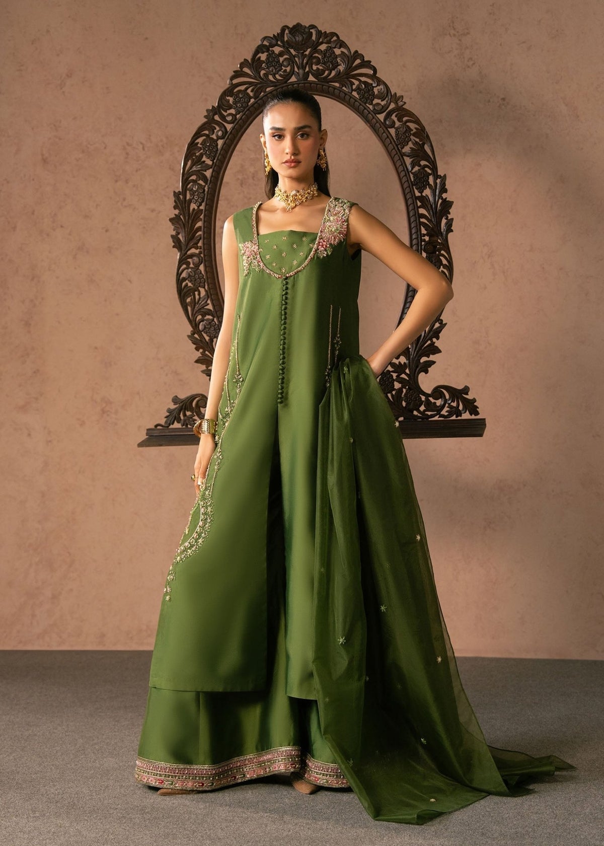 Dastoor | Amelia Luxury Pret 26 | Esma-Brand:Dastoor-Type:Ladies Clothes-Deep Olive Green-Tissue Silk-House of Maryam- Buy in UK, USA