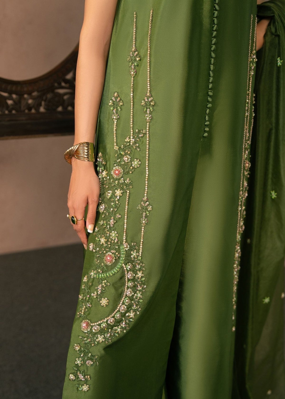Dastoor | Amelia Luxury Pret 26 | Esma-Brand:Dastoor-Type:Ladies Clothes-Deep Olive Green-Tissue Silk-House of Maryam- Buy in UK, USA