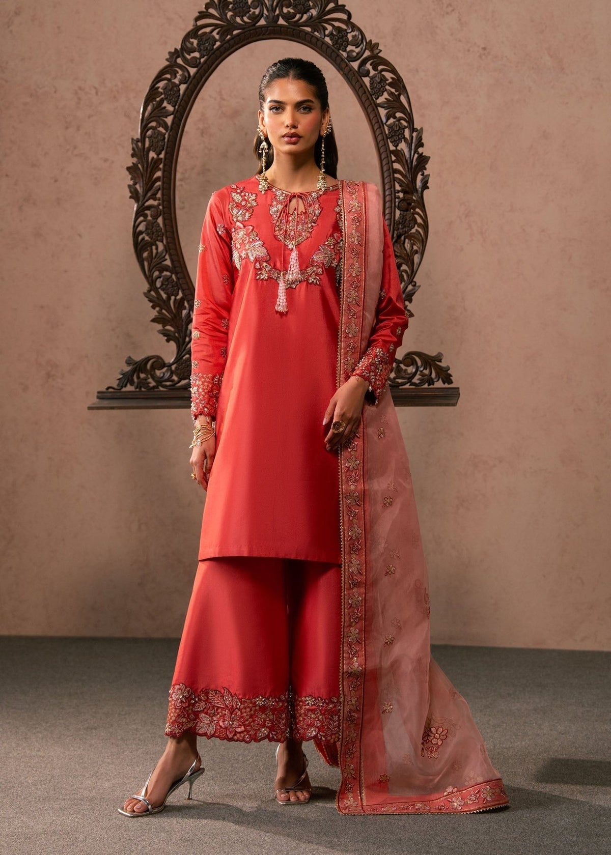 Dastoor | Amelia Luxury Pret 26 | Lucia-Brand:Dastoor-Type:Ladies Clothes-Redish Orange-Tissue Silk-House of Maryam- Buy in UK, USA