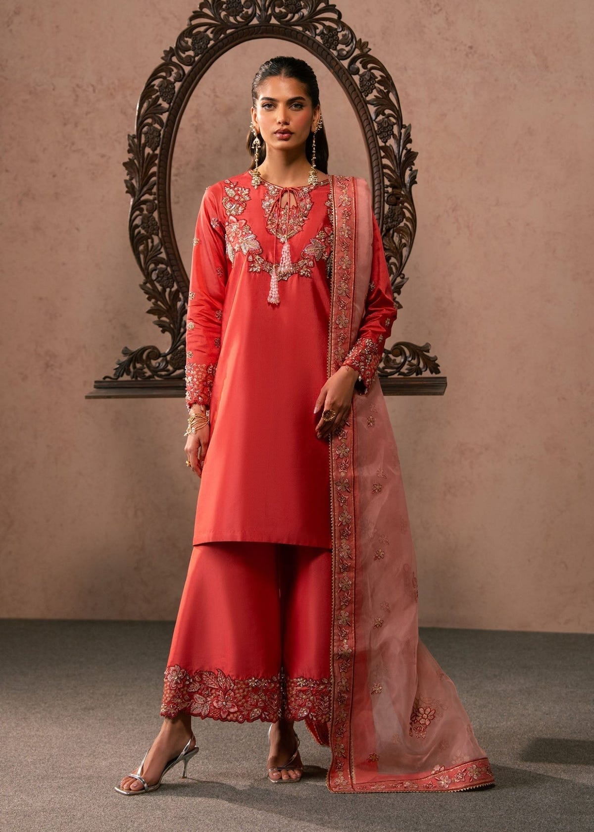 Dastoor | Amelia Luxury Pret 26 | Lucia-Brand:Dastoor-Type:Ladies Clothes-Redish Orange-Tissue Silk-House of Maryam- Buy in UK, USA