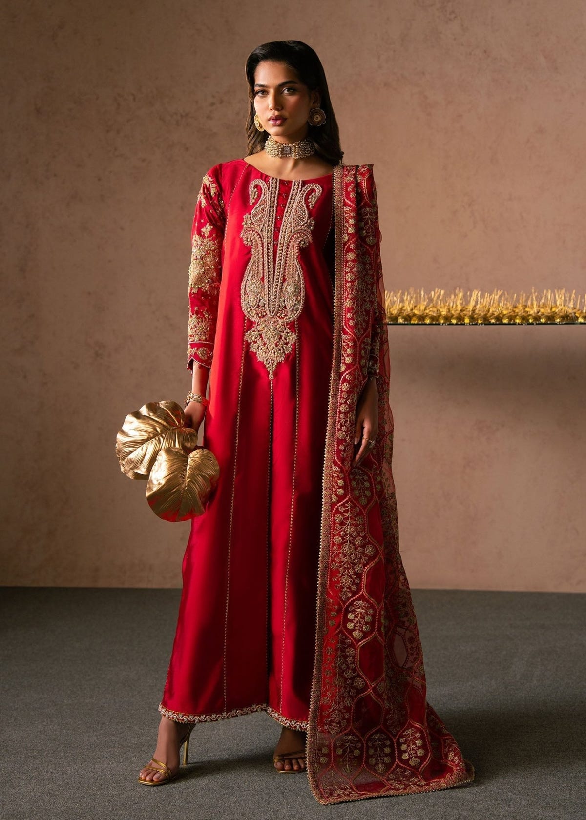 Dastoor | Amelia Luxury Pret 26 | Lyra-Brand:Dastoor-Type:Ladies Clothes-Cherry Red-Tissue Silk-House of Maryam- Buy in UK, USA
