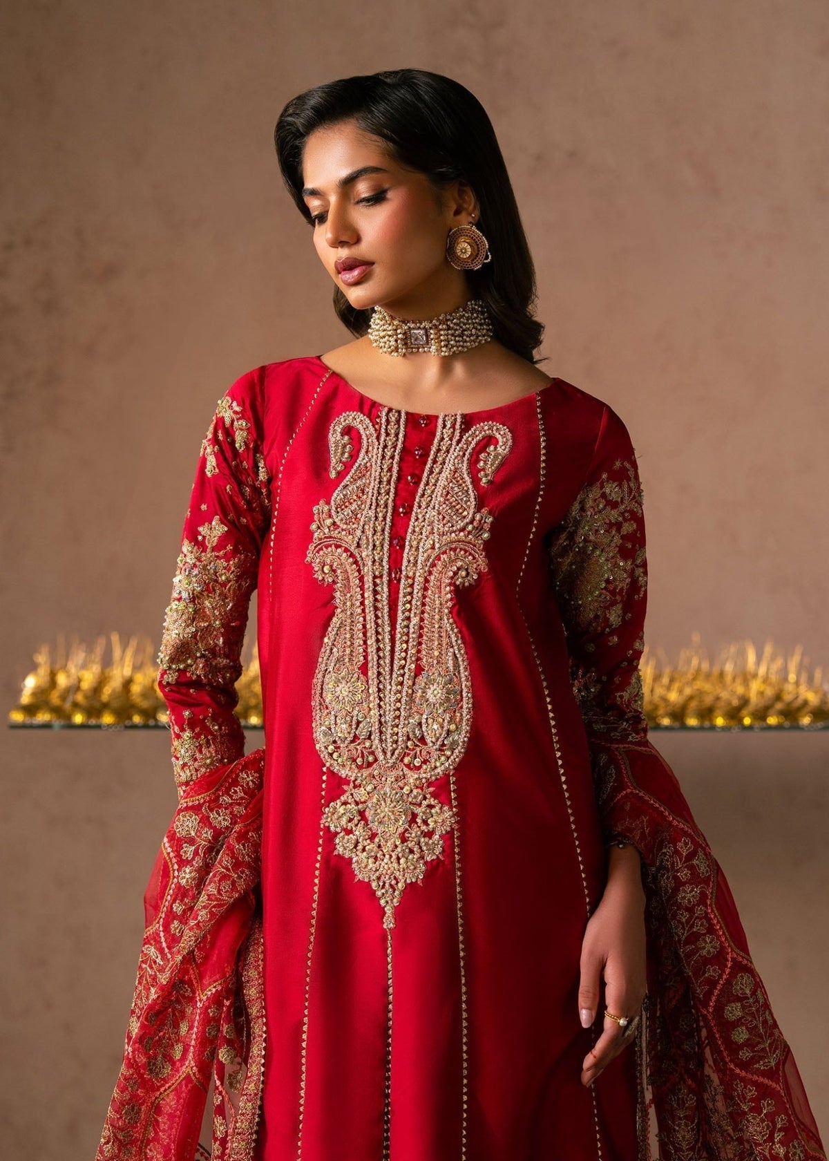 Dastoor | Amelia Luxury Pret 26 | Lyra-Brand:Dastoor-Type:Ladies Clothes-Cherry Red-Tissue Silk-House of Maryam- Buy in UK, USA