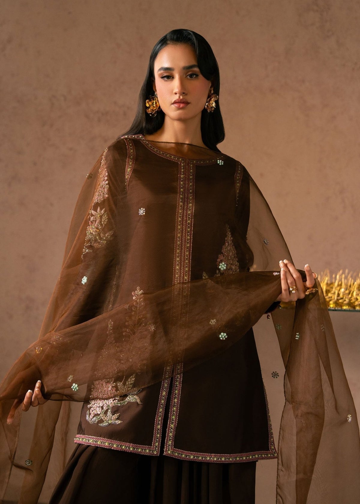 Dastoor | Amelia Luxury Pret 26 | Sarina-Brand:Dastoor-Type:Ladies Clothes-Chocolate Brown-Tissue Silk-House of Maryam- Buy in UK, USA