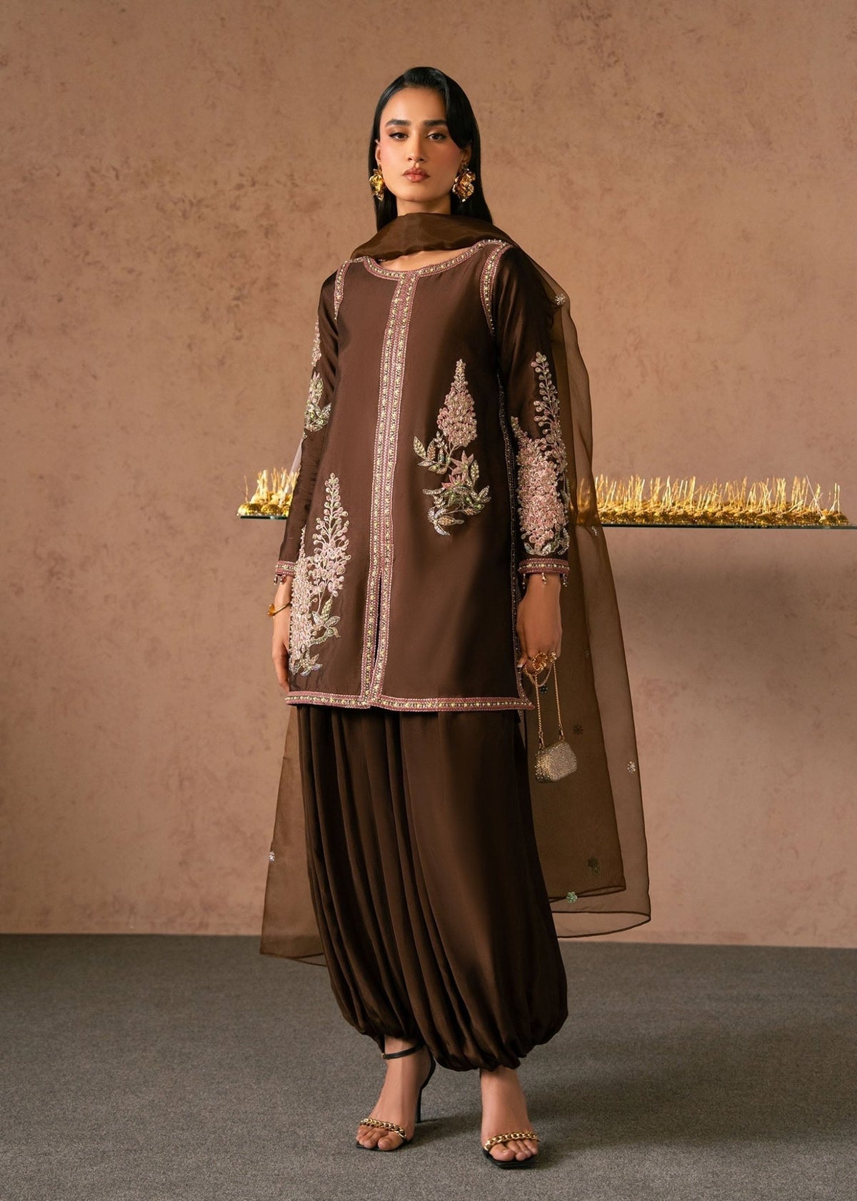 Dastoor | Amelia Luxury Pret 26 | Sarina-Brand:Dastoor-Type:Ladies Clothes-Chocolate Brown-Tissue Silk-House of Maryam- Buy in UK, USA