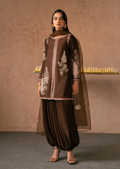 Dastoor | Amelia Luxury Pret 26 | Sarina-Brand:Dastoor-Type:Ladies Clothes-Chocolate Brown-Tissue Silk-House of Maryam- Buy in UK, USA