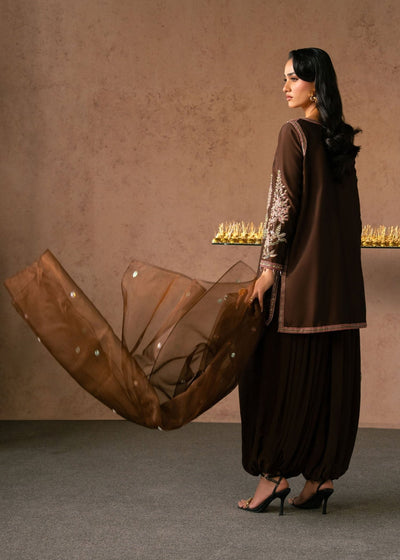 Dastoor | Amelia Luxury Pret 26 | Sarina-Brand:Dastoor-Type:Ladies Clothes-Chocolate Brown-Tissue Silk-House of Maryam- Buy in UK, USA