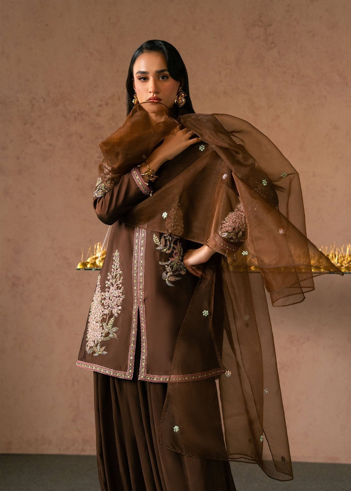 Dastoor | Amelia Luxury Pret 26 | Sarina-Brand:Dastoor-Type:Ladies Clothes-Chocolate Brown-Tissue Silk-House of Maryam- Buy in UK, USA